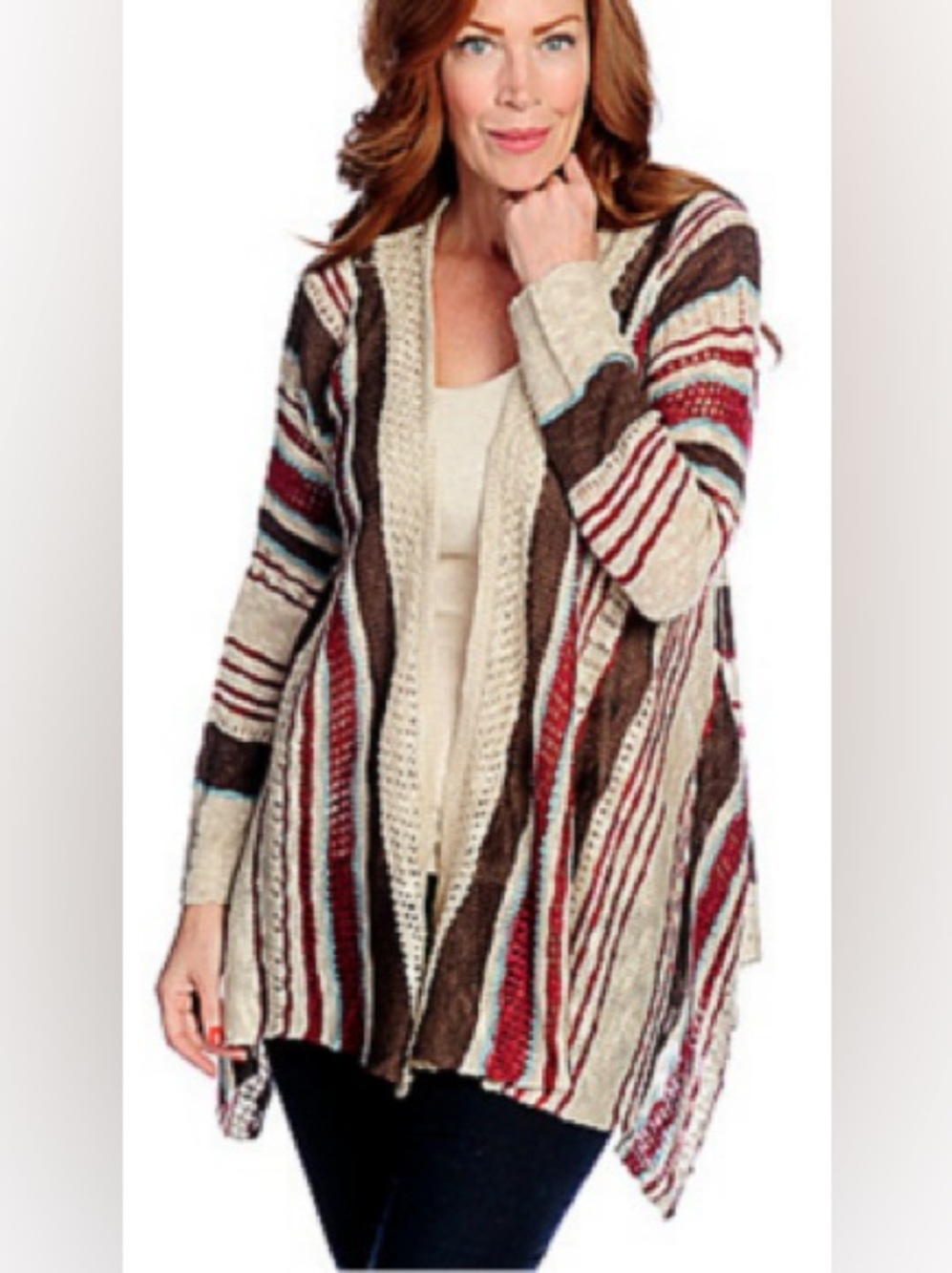 ONE WORLD Striped Open-Front Cardigan in Cream, Brown, Red & Blue